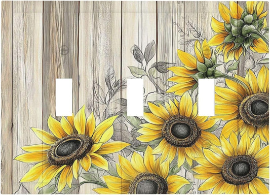 Decorative Switch Plates Floral Sunflower Rustic Flower Vintage Wood 3 Gang Wall Plate Triple Toggle Light Switch Cover Faceplate Electrical Wall Panels For Farmhouse Cabin Decor