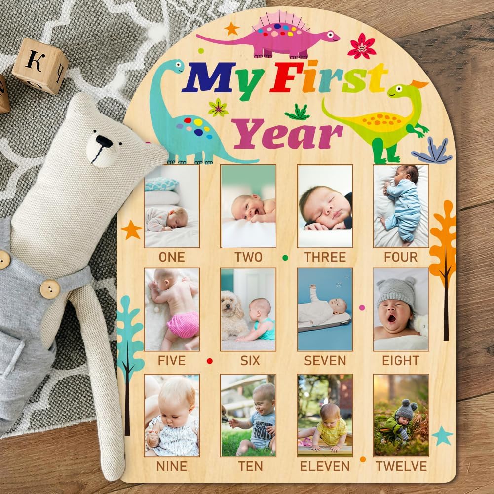 ORIGACH My First Year Baby Growth Photo Display Wood Board - 12 Months Newborn Milestones Photo Board - Neutral Baby Keepsake Board 1st Birthday Party Nursery Decor New Mom Gift - Dinosaur