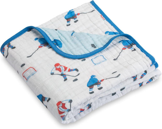 LollyBanks Muslin Blanket 100% Organic Cotton, Muslin Quilt Lightweight, 6 Layers Baby Blankets 47"x 47", Muslin Blanket for Boys, Nursery Receiving Blankets (Ice Hockey Print)