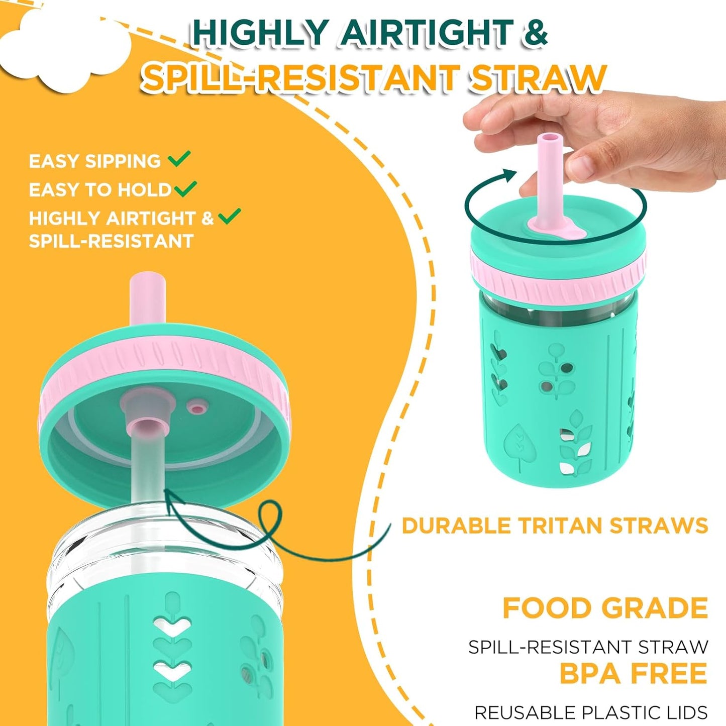 Tronco 8 oz Glass Sippy Cup for Toddlers, Kids Mason Jar Smoothie Cup with Silicone Sleeves & Spill Resistant Flexible Straw, Snack Cup, BPA-Free, Dishwasher Safe