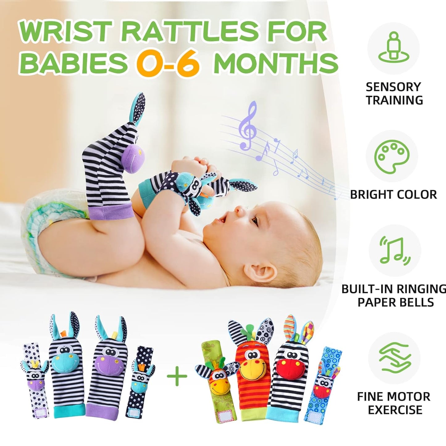 Baby Rattle Socks Set, Hand and Foot Finder Rattles Toys for Babies 0-6 Months, Infant Shower Gifts Set with Wrist Rattle Socks, Newborn Sensory Toy for Boys Girls 0-12 Months