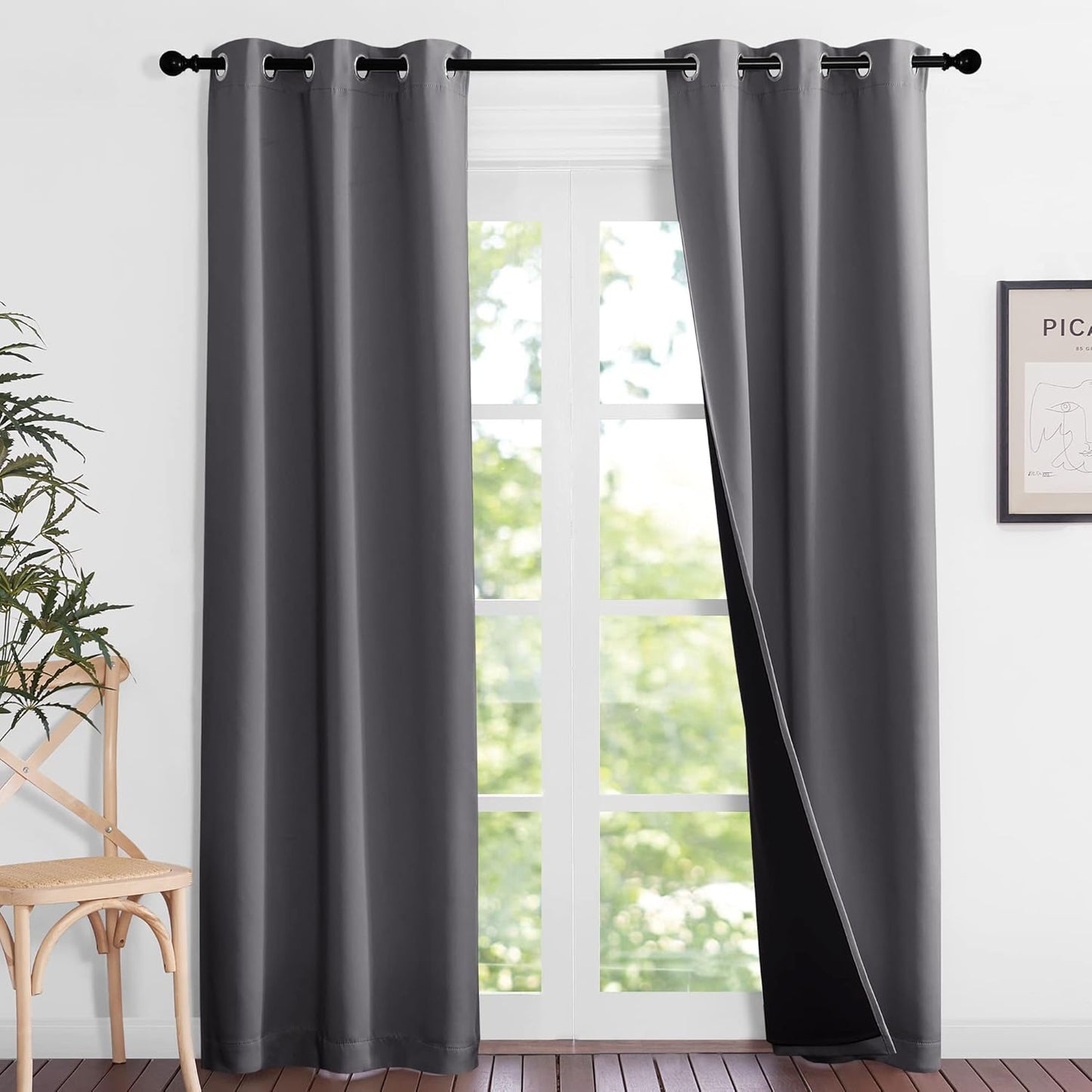 NICETOWN Grey Full Shade Curtain Panels, Pair of Thermal Insulated & Energy Efficiency Blackout Curtains for Living Room Windows, Lined Silky Performance Window Dressing (37" Wide x 84" Long, Gray)