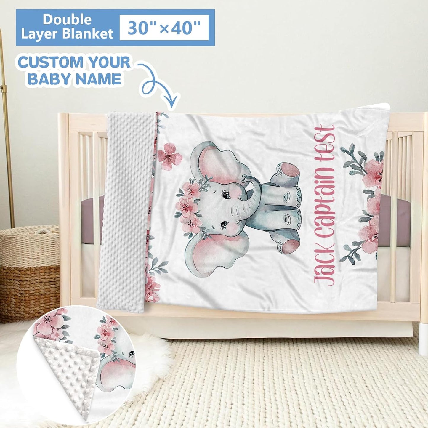 Personalized Nursery Bedding Set, 5 Pcs Custom Crib Sets, Soft Baby Girl Set with Name, Double Layer Elephant Infant Bedding Set Customized Gifts for Toddlers