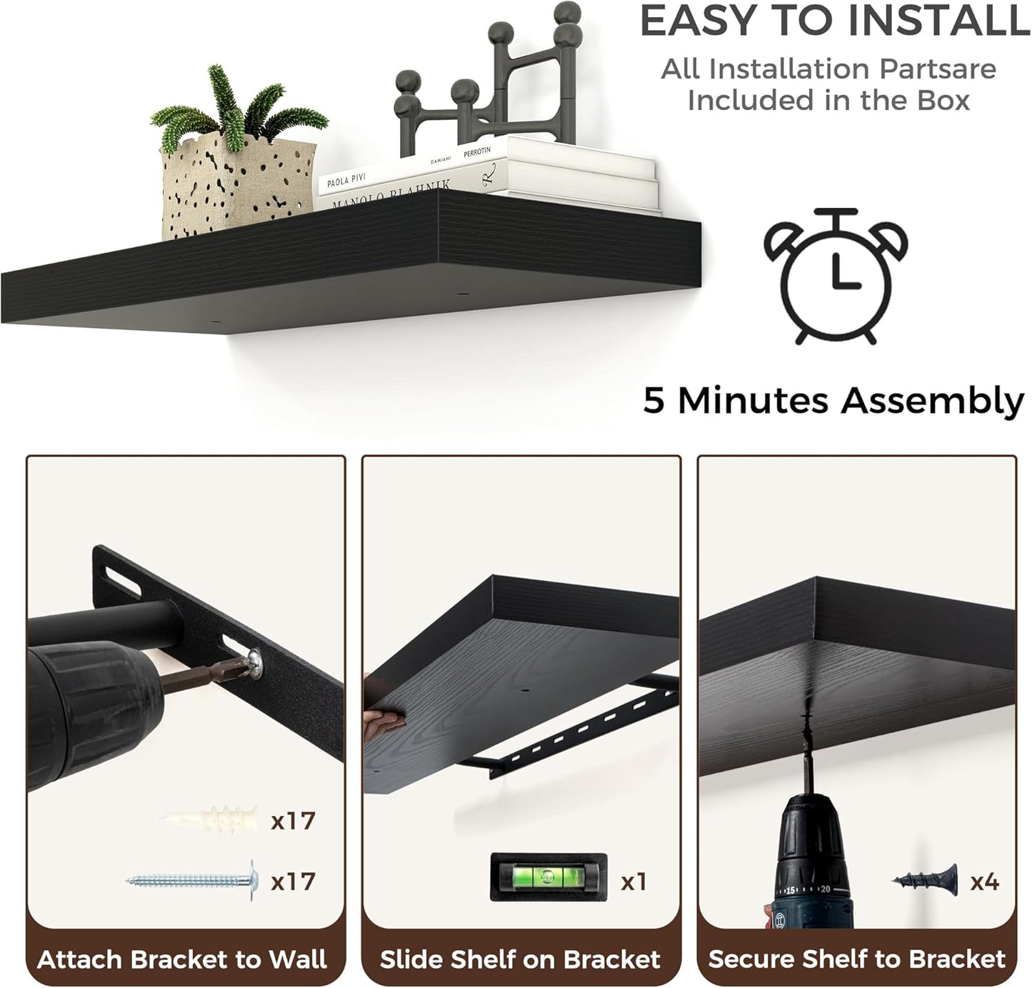 Floating Shelves for Wall, Large Wall Mounted Shelves with Invisible Brackets, Long Wood Floating Shelf for Living Room, Bedroom, Kitchen, (Black, 72" W x 9" D x 1.5" H)