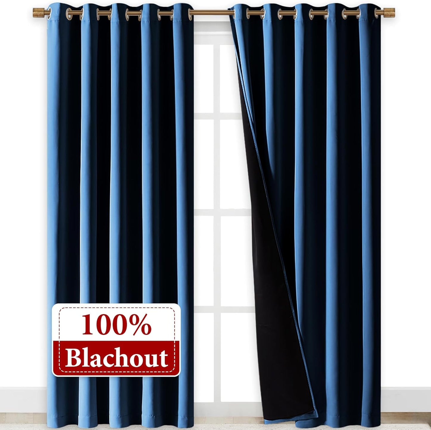 NICETOWN Total Shade Curtains and Draperies, Heavy-Duty Full Light Shading Drapes with Black Liner Backing for Villa/Hall/Dorm Window（Moroccan Blue, Package of 2 Panels, 70" Wide x 95" Long