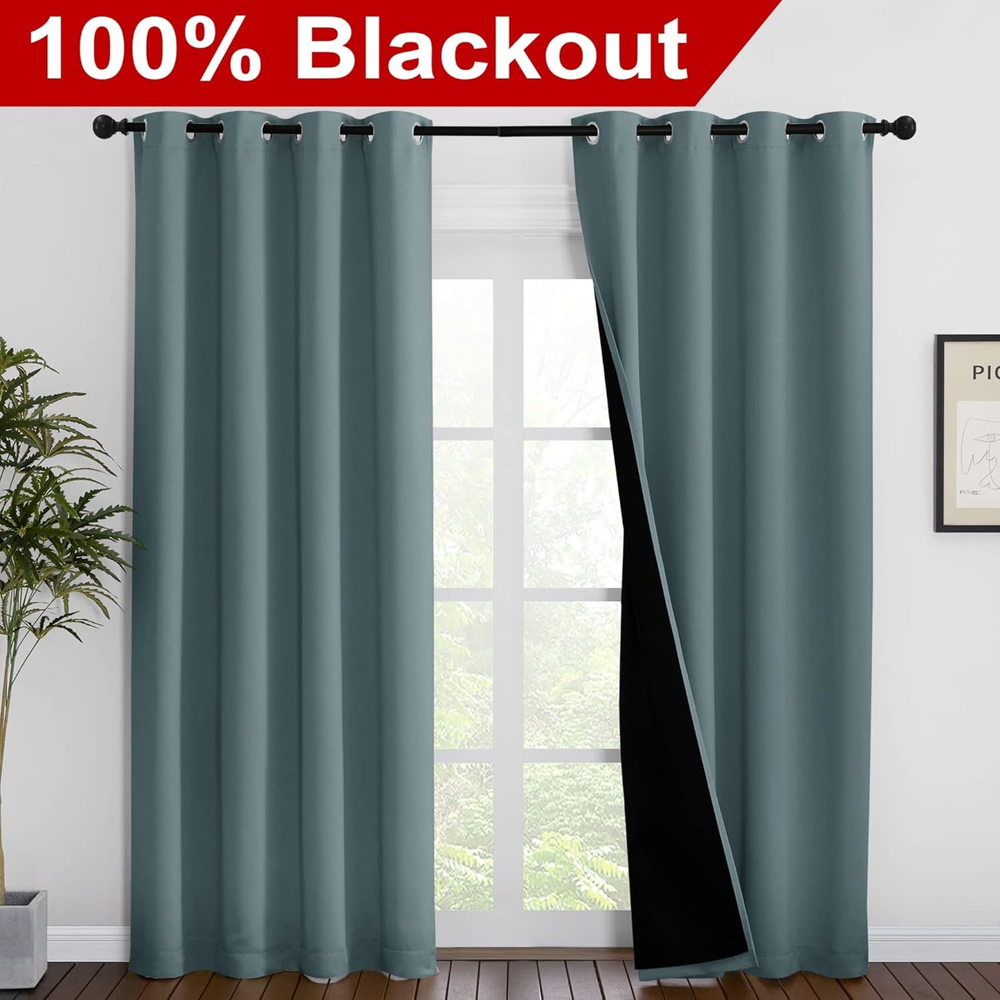 NICETOWN 100% Blackout Curtains 86 inches Long, Pair of Energy Smart & Noise Blocking Out Drapes for Baby Room Window, Thermal Insulated Guest Room Lined Window Dressing(Greyish Blue, 55 inches Wide)