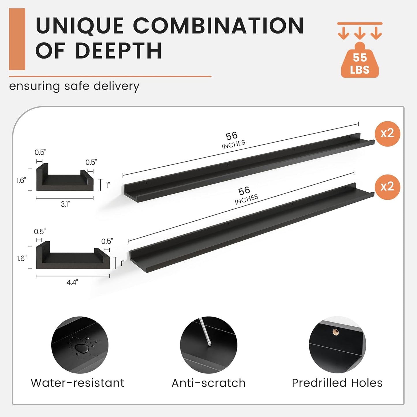 Floating Picture Ledge Shelves for Wall Set of 4, 56 Inch Wall Shelves with Lip Long Large Nursery Book Shelf for Toys Storage Kids Bookshelf Wall Mounted Living Room Bedroom Decor Frames