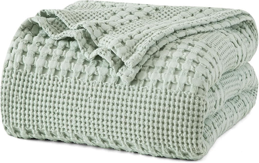 PHF 100% Cotton Waffle Weave Blanket King Size, Soft Lightweight Breathable Cozy Summer Blankets for Bed, Luxury Aesthetic Woven Bedding for Home Decor, 108"x90", Sage Green