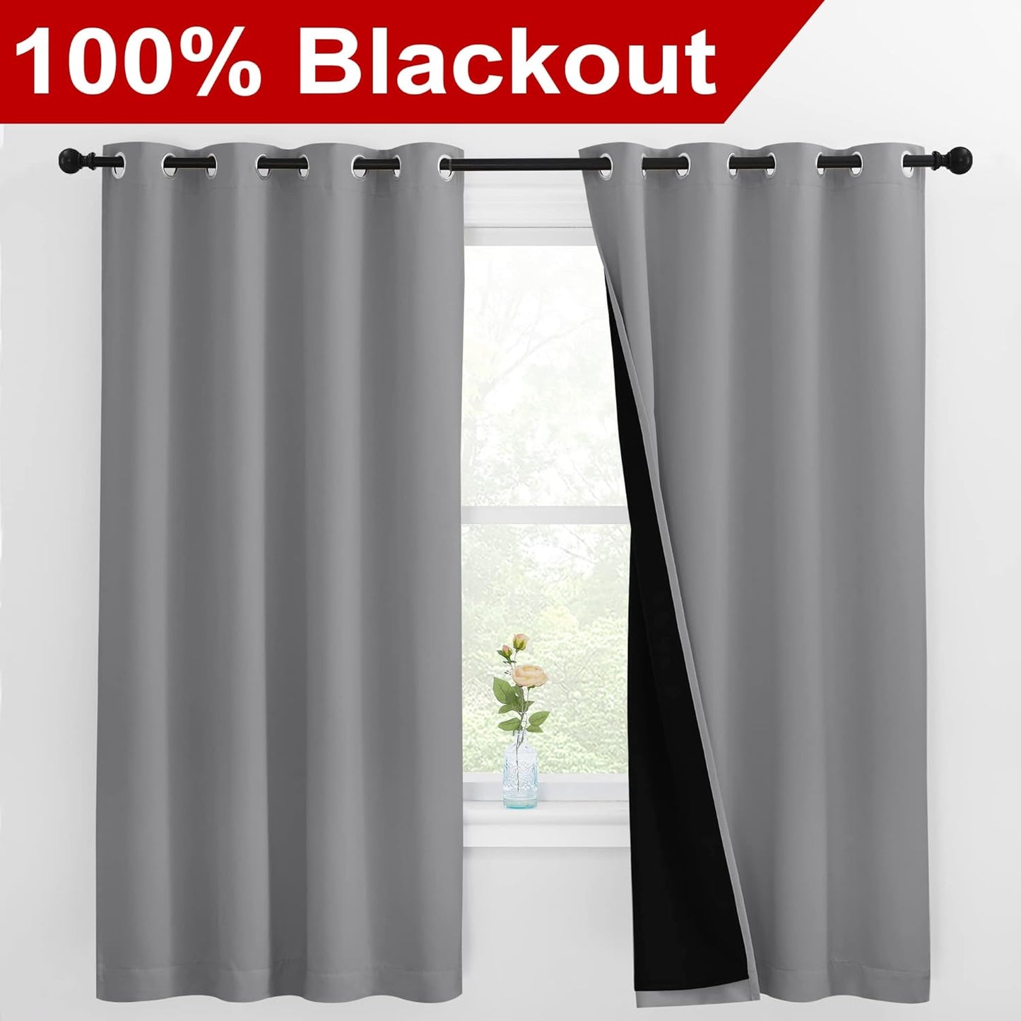 NICETOWN 100% Blackout Curtains with Black Liners, Thermal Insulated Full Blackout 2-Layer Lined Drapes, Energy Efficiency Window Draperies for Bedroom (Silver Grey, 2 Panels, 55-inch W by 68-inch L)