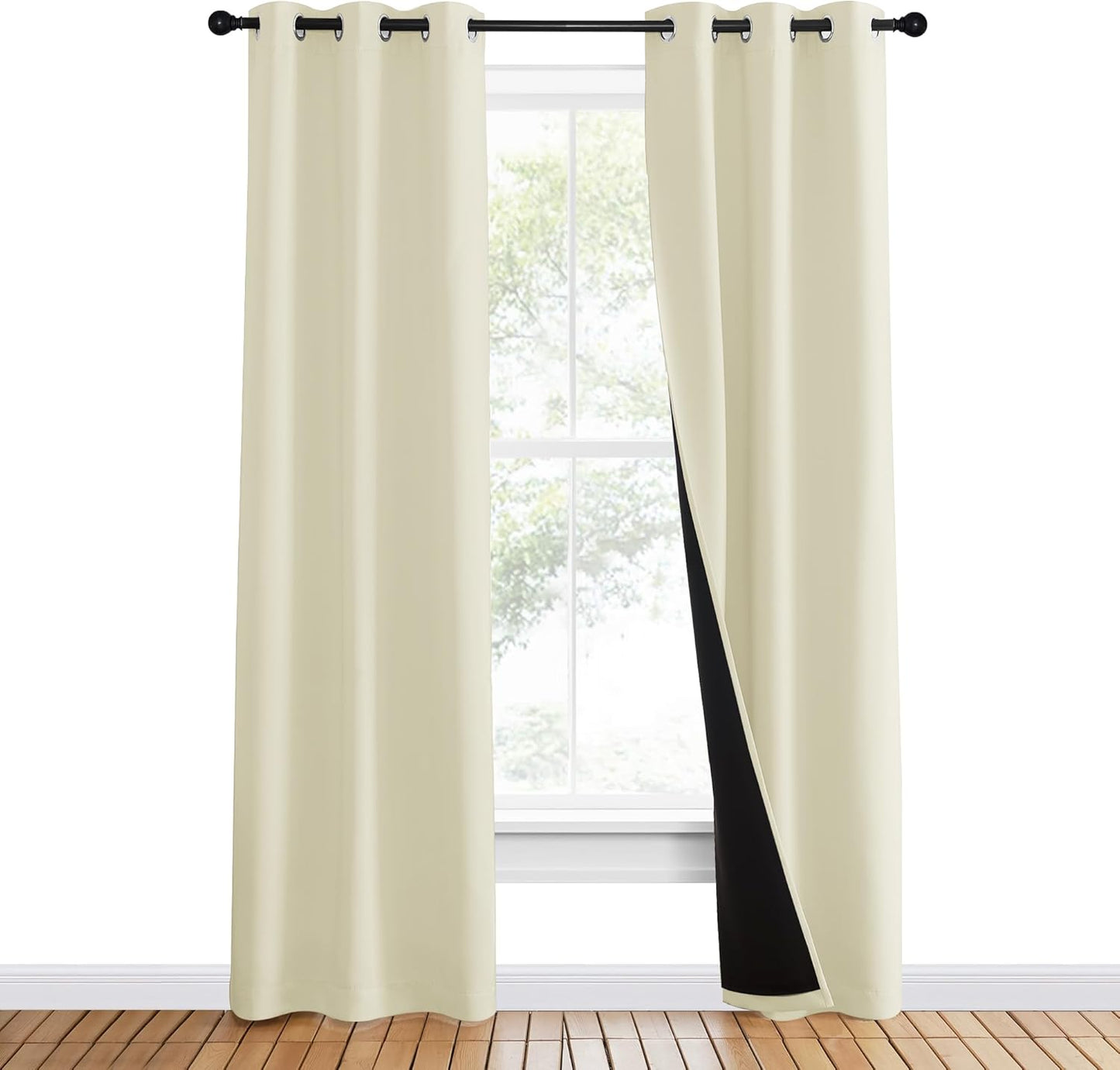 NICETOWN Living Room Completely Shaded Draperies, Privacy Protection & Noise Reducing Ring Top Drapes, Black Lined Insulated Window Treatment Curtain Panels (Beige, 2 Pieces, W37 x L80)
