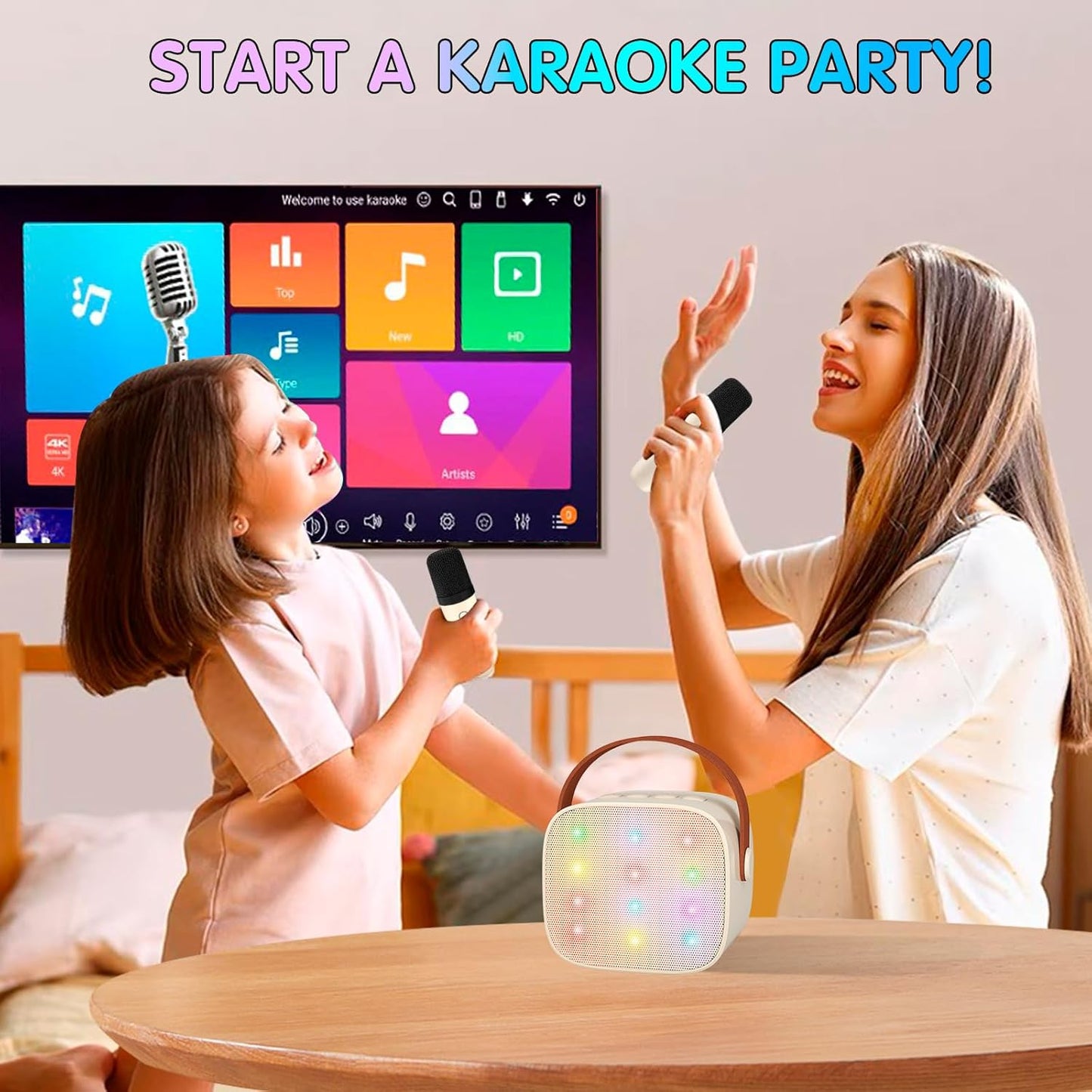 YLL Mini Karaoke Machine with 2 Wireless Microphones for Kids Adults, Portable Bluetooth Speaker Gift for Girls Toys 4, 5, 6, 7, 8, 10, 12+ Years Old Teens Birthday(Beige)