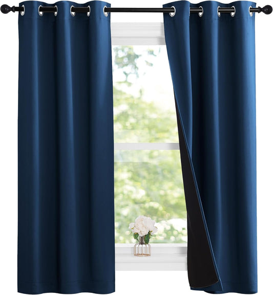 NICETOWN 100% Blackout Short Curtains with Black Liners, 2 Panels, 37"W by 63"L, Moroccan Blue, Solid Thermal Insulated Full Blackout 2-Layer Lined Drapes, Energy Efficiency Window Drapes for Bedroom