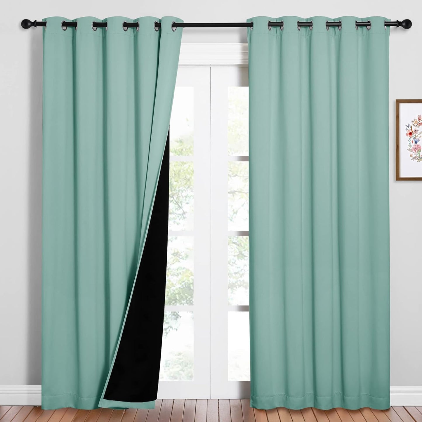 NICETOWN 100% Blackout Window Curtain Panels, Cold and Full Light Blocking Drapes with Black Liner for Nursery, 84 inches Drop Thermal Insulated Draperies (Aqua Blue, 2 PCs, 62" Wide Each Panel)
