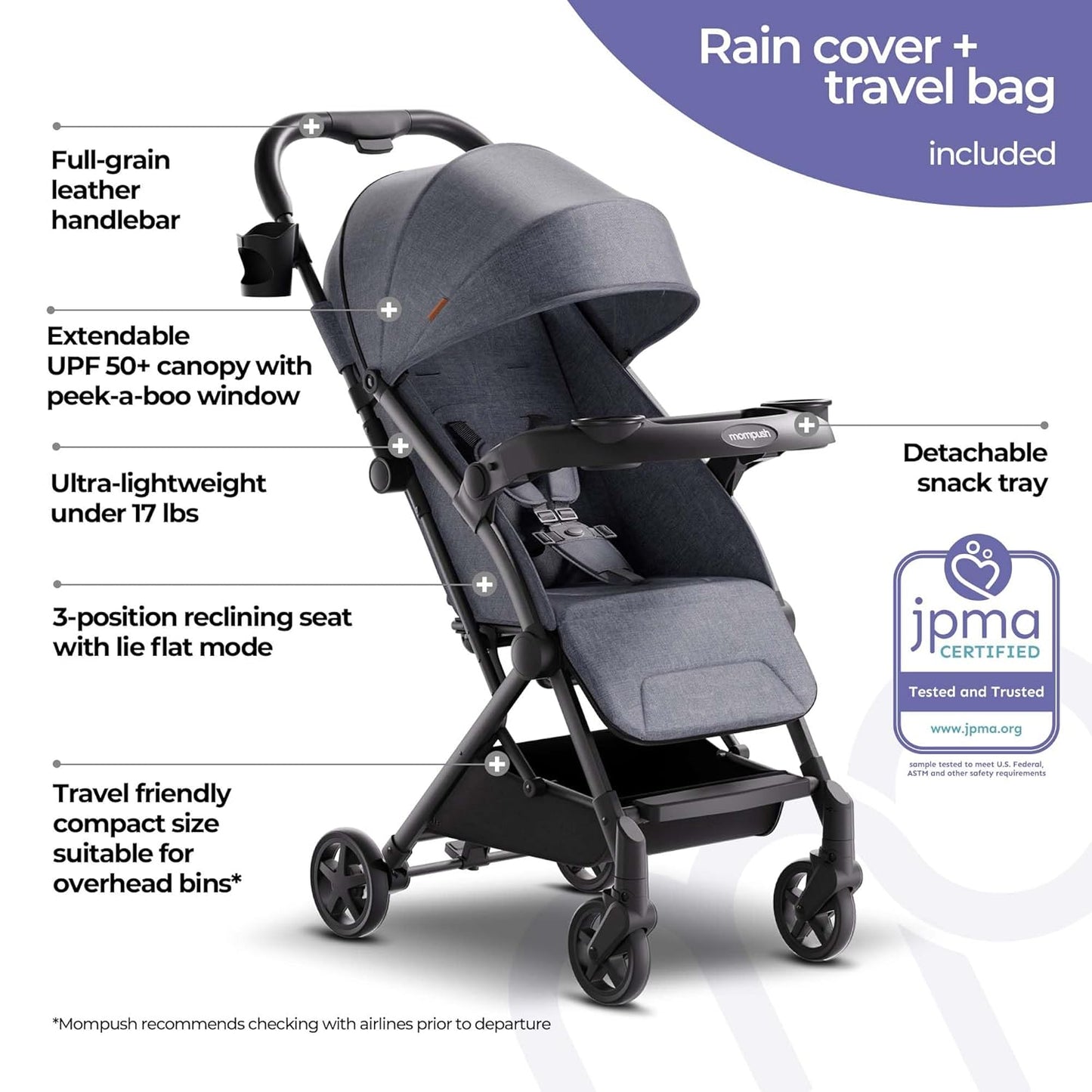 Mompush Lithe V2 Lightweight Travel Stroller, Compact Foldable Baby Stroller with Travel Bag, One-Hand Fold Stroller, Snack Tray, Mechanical Recline Seat, Airplane-Ready, UPF 50+ Canopy & Rain Cover