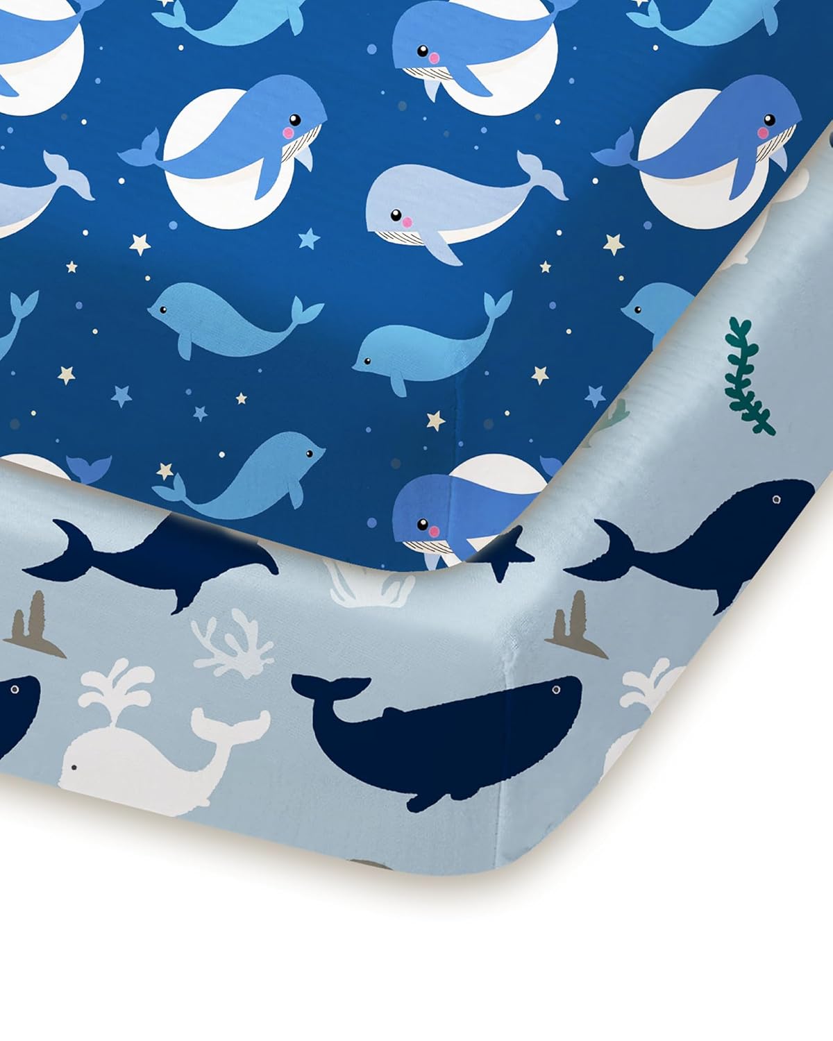 Pack and Play Sheets Fitted, Navy Whale+Blue, Ultra Soft, Breathable and Cozy, Hypoallergenic, 2 Pack for Baby Boys and Girls