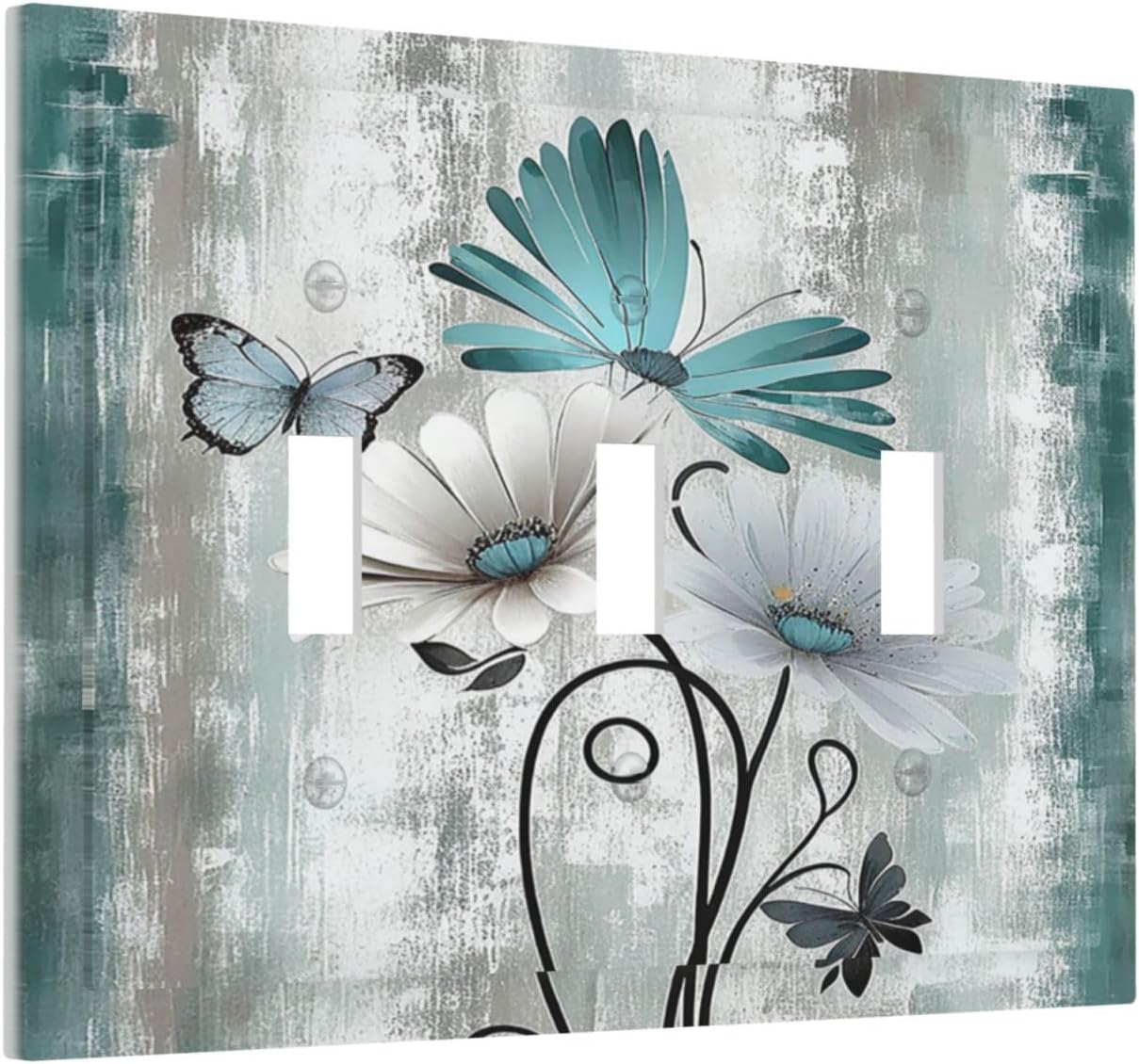 Decorative Switch Plates Rustic Teal Daisy Floral Flowers Butterfly Wood Grain 3 Gang Wall Plate Triple Toggle Light Switch Cover Faceplate Electrical Wall Panels for Bathroom Bedroom Decor