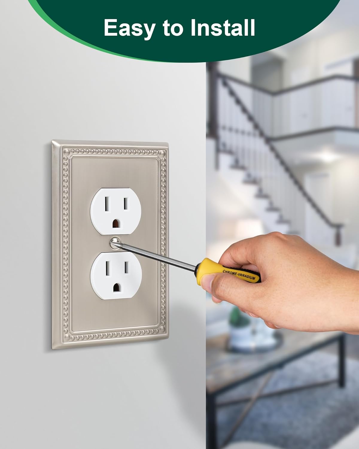 4-Pack Duplex Outlet Cover Plate, Metal Wall Plates for Electrical Outlets, Brushed Nickel 1 Gang Receptacle Cover, Pearls Decorative Switch Plates and Outlet Covers