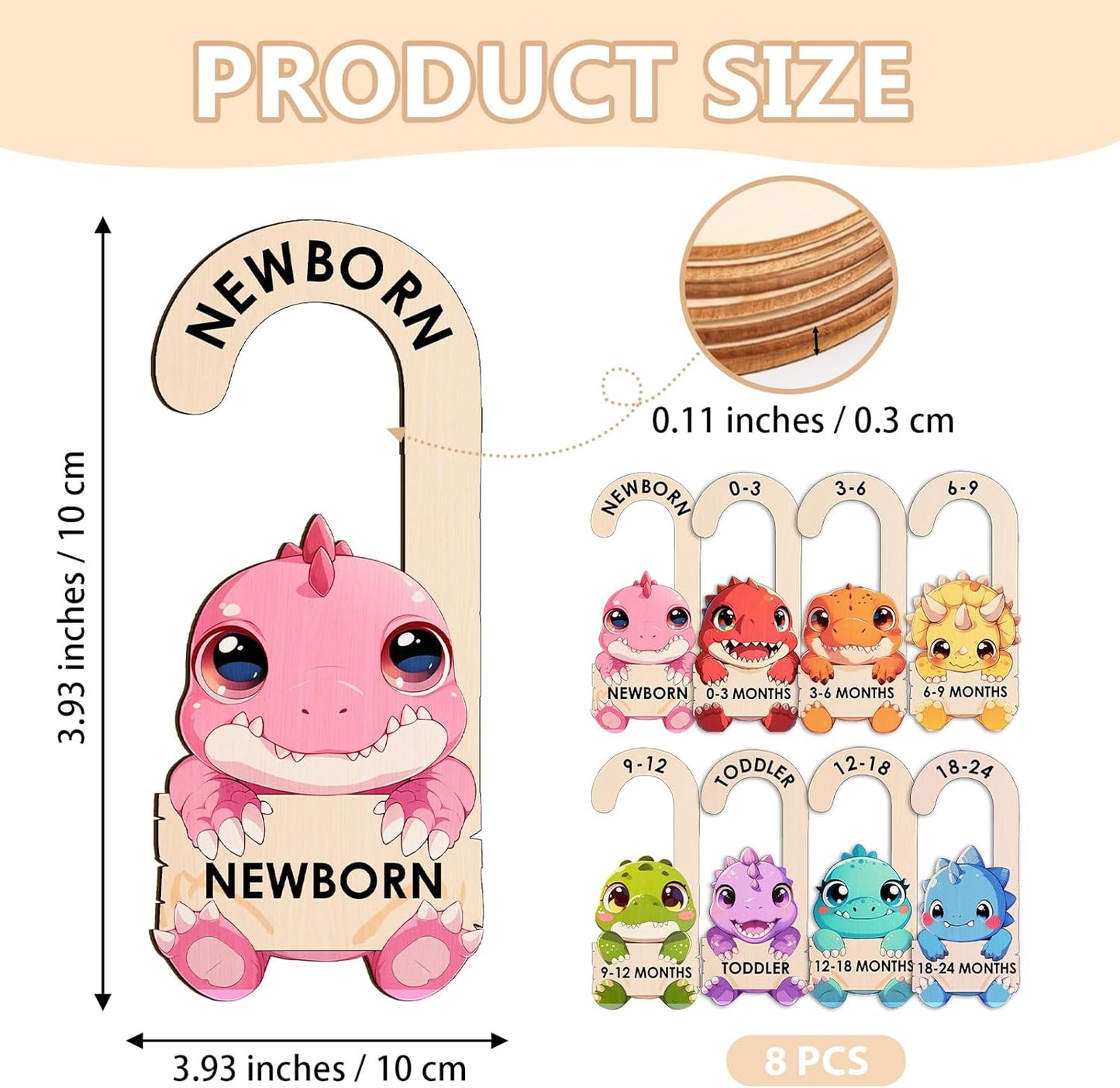 Baby Clothes Dividers for Closet - Wooden Baby Size Closet Dividers Newborn to 24 Months, Unique Dinosaur Design Babies Clothes Organizer for Nursery Decor Gender-Neutral Newborn Hangers (Set of 8)
