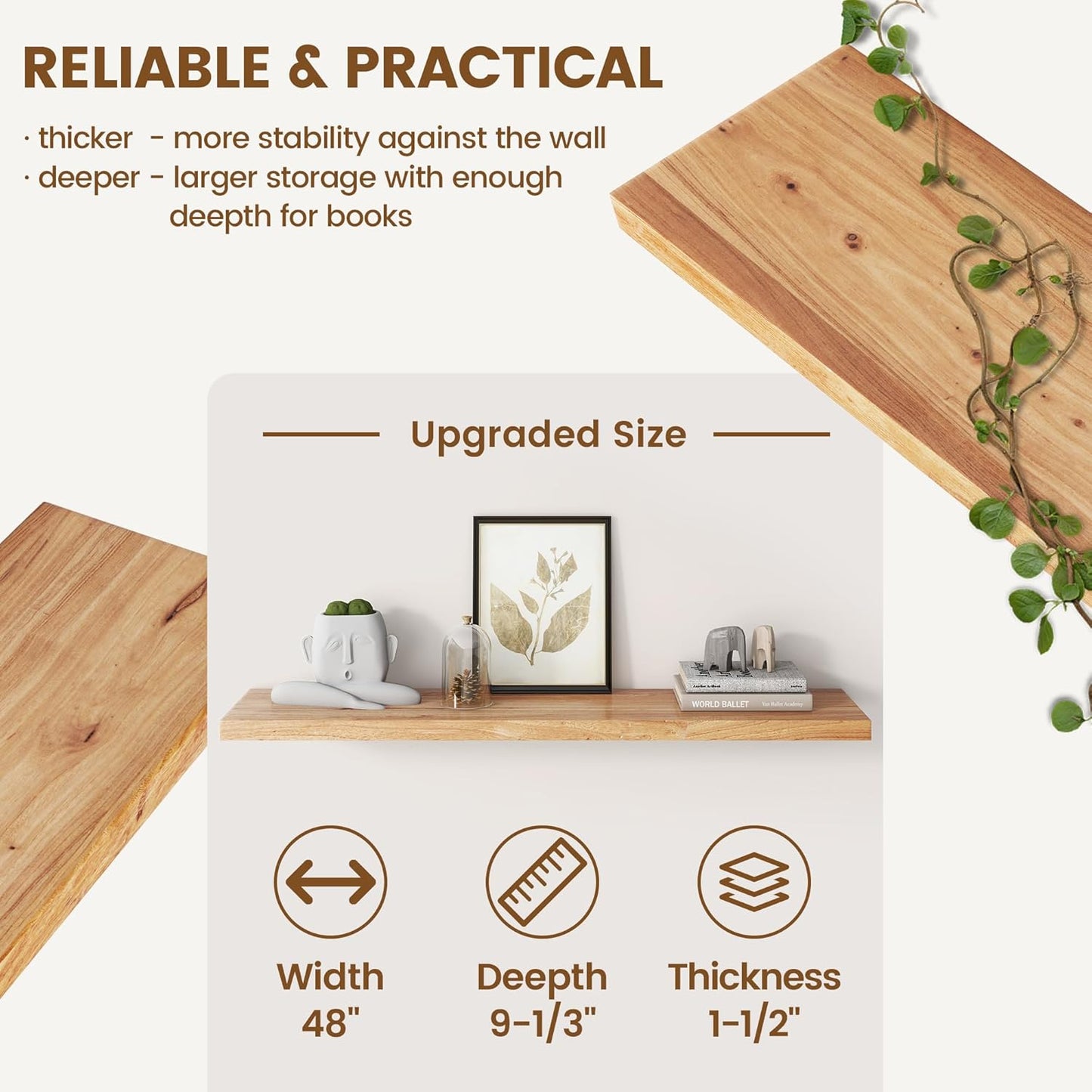 Rustic Elm Wood Floating Shelf for Wall, Flat Edge 48"W x 9.2"D x 1.4"H, 1 Pack with Invisible Bracket, Large Wall Mounted Storage Shelf for Living Room Bedroom Kitchen Bathroom Decor, Natural Finish