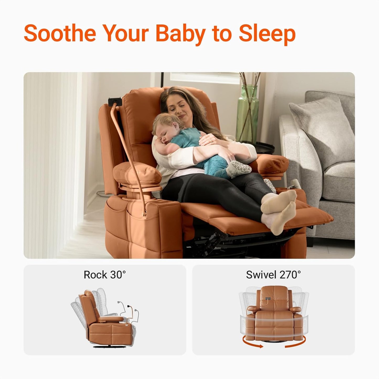 Rocking Chair Nursery with Adjustable Armrests, Electric Glider Recliner Nursing Chair for Breastfeeding, Power Swivel Recliner Chairs with USB Port and Storage, FSC Certified (Mocha)