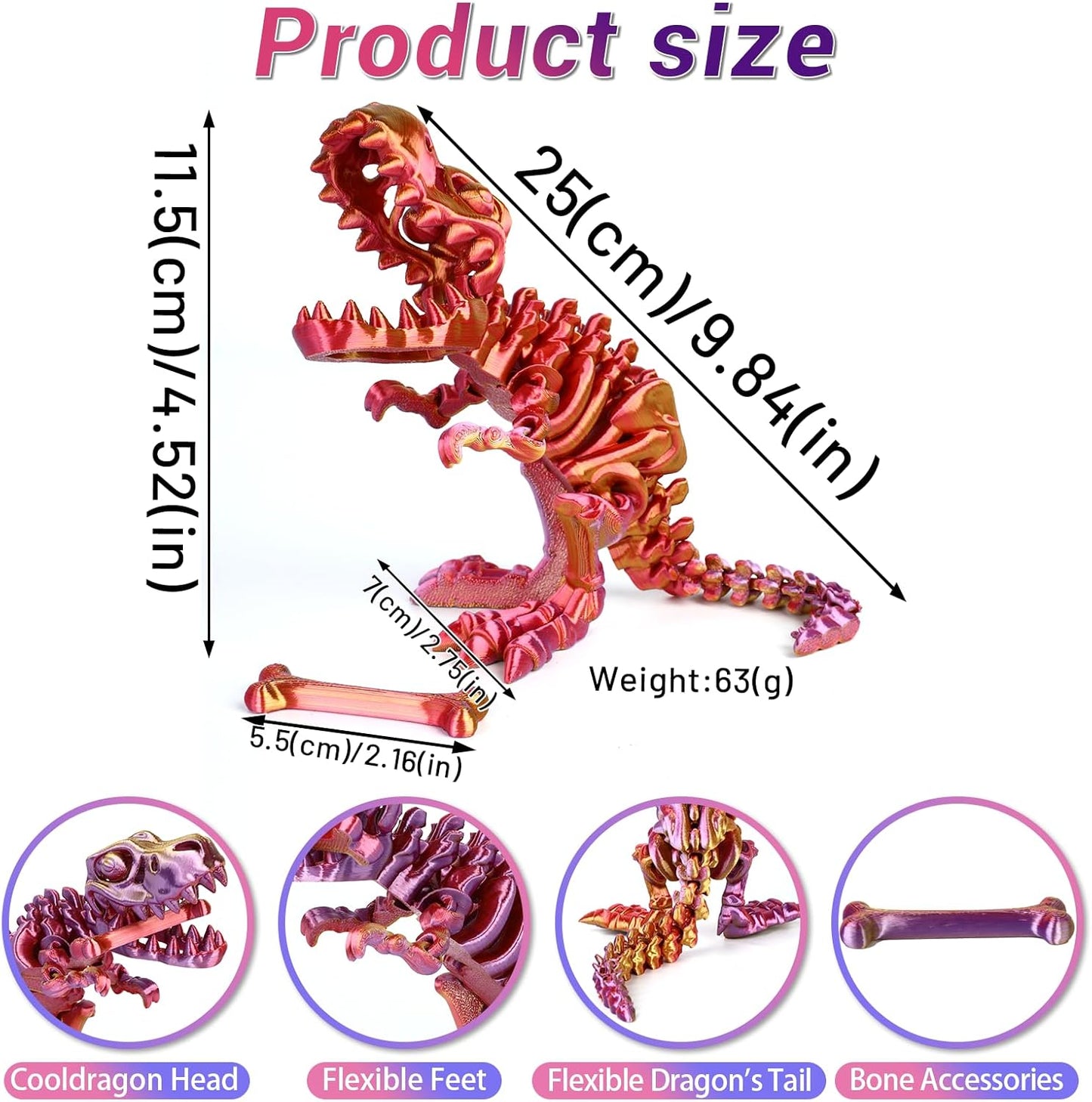 3D Printed Dinosaur Bones Tyrannosaurus Rex Skeleton with Movable Joints, 3D Model Skull T-Rex, Flexible Articulated Dinosaur Fidget Toys Adults for Autism/ADHD