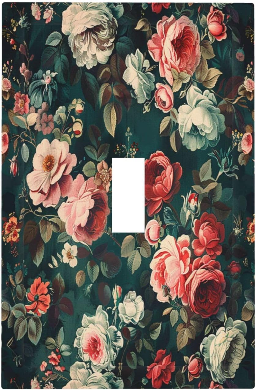 Decorative Light Switch Cover Baroque Vintage Peony Flower Floral 1 Gang Single Toggle Device Electrical Faceplate Switchplates Decorator Outlet Wall Plate for Bedroom Farmhouse Decor