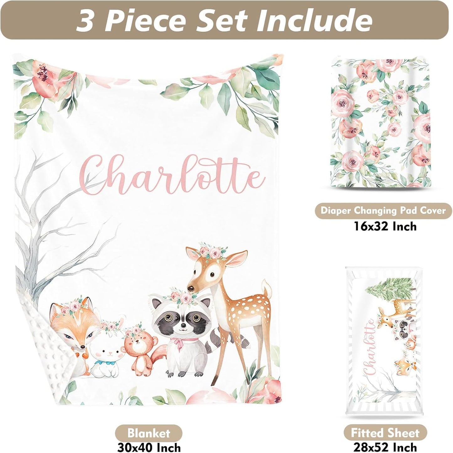 Custom Name Crib Bedding Set - Sika Deer & Fox Pattern, Personalized Nursery Bedding 3-Piece Set– Soft Blanket, Fitted Sheet, Changing Pad Cover – for Newborns Girls Nursery Gifts