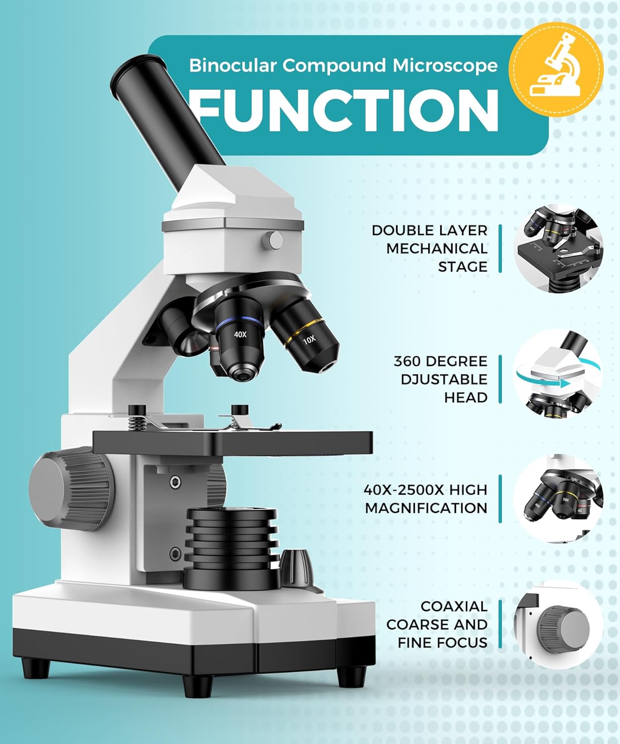 Professional Compound Microscopes for Adults, Kids 8-12 & Students | 2000X Magnification Lab & Home Microscope with Phone Adapter, Complete Slides Set (Gray White)