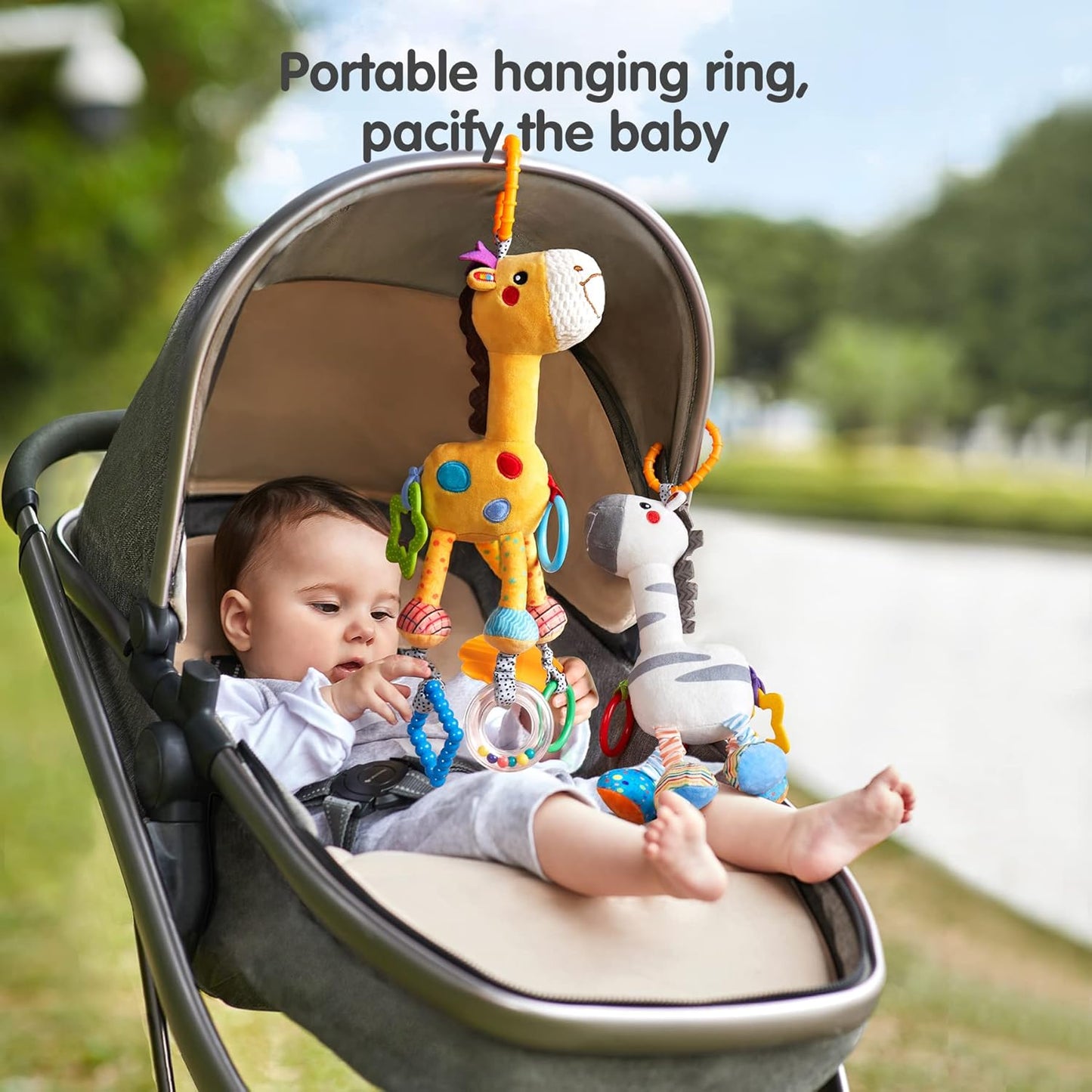 TUMAMA Hanging Toys, 16 inch Plush Animals Baby Rattle, Car Seat Stroller Toys, 2 Pack, Newborn - 12 Months, 2 x Plush Animal Hanging Toys (Giraffe, Zebra), Rings, Built-in Rattles and Crinkles