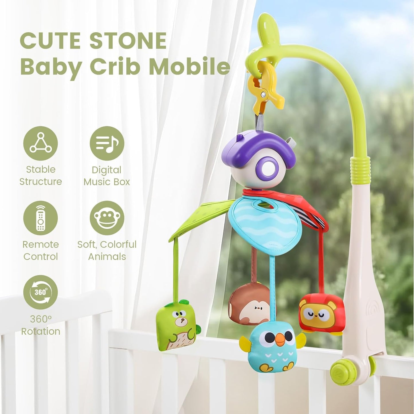 CUTE STONE Baby Crib Mobile with Music and Lights, Nursery Crib Mobile with Remote Control, Detachable Hanging Mobile for 3+ Months Newborn Babies, Fits Cribs and Strollers