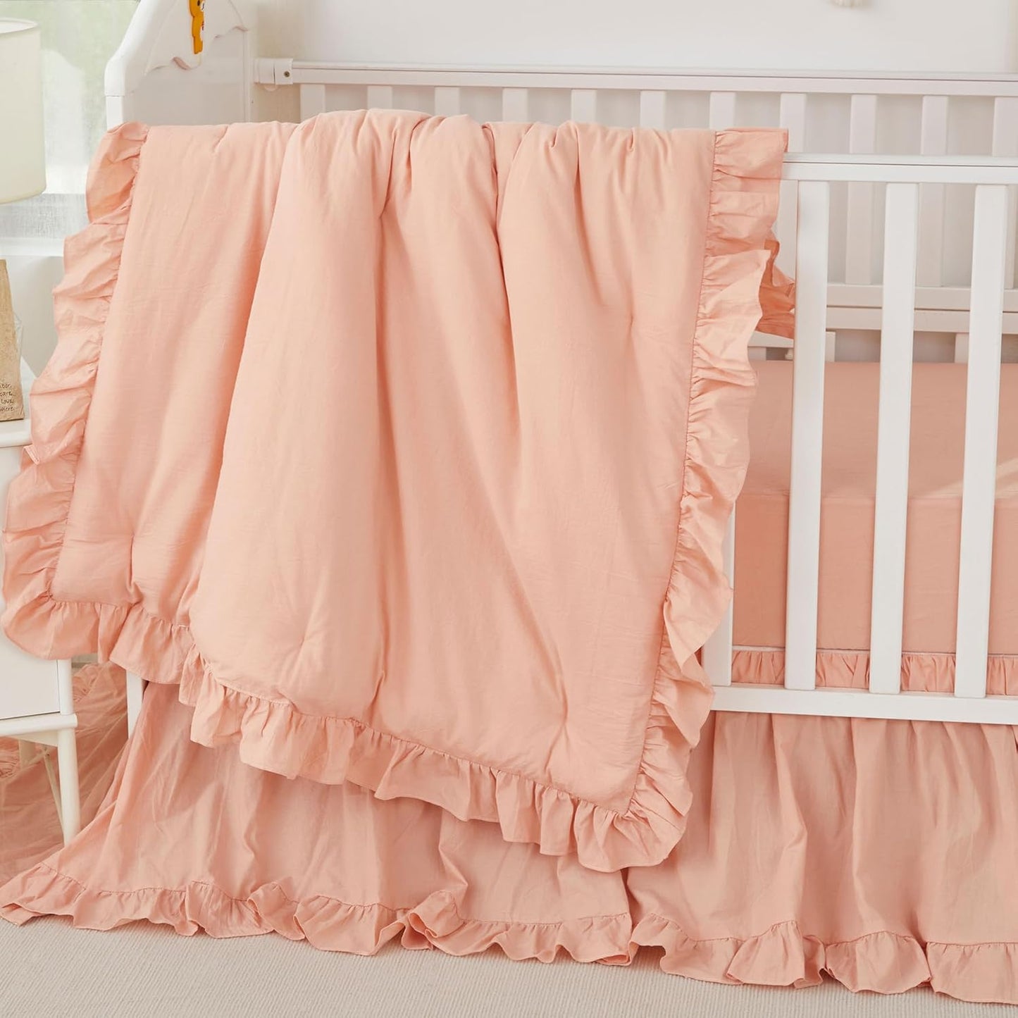 Brandream Baby Crib Bedding Set for Girls Boys Gender Neutral Boho Bohemian Farmhouse Chic Ruffle 6-Piece Nursery Bedding Set - 100% Cotton with Washed Craft Blush Pink Super Soft