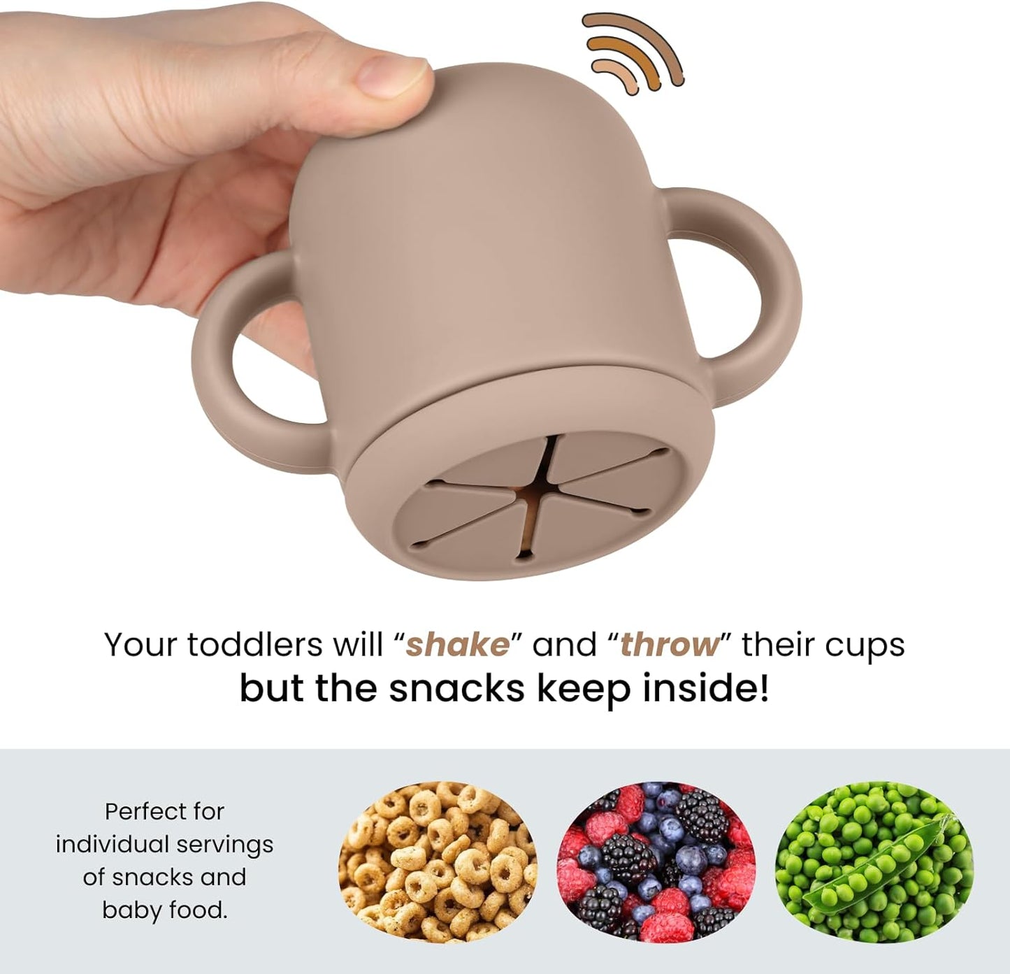 Snack Containers, Silicone Snack Cups for 6-12 Months Toddlers - Pack of 2 Food Grade Silicone Snack Cups with Grip Handle for Baby Led Weaning, Unbreakable (Sand/Natural)