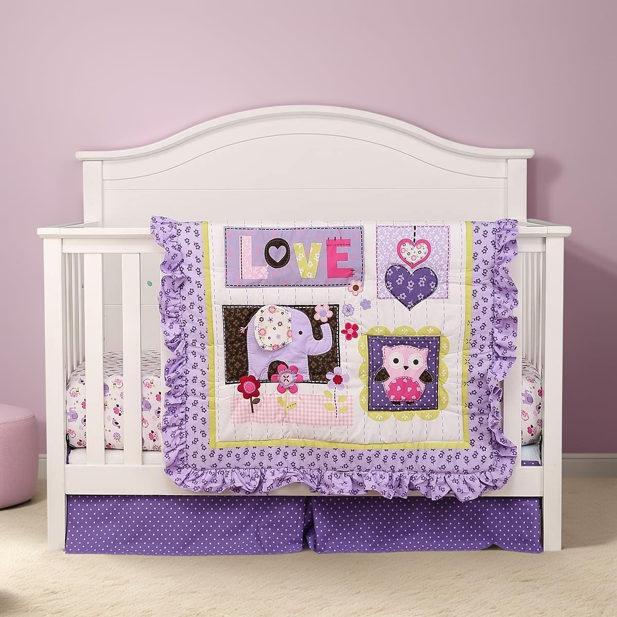 Brandream Crib Bedding Set 3 Pieces Purple Baby Girls Cotton Patchwork Flowers Elephant Owl Nursery with Ruffle Design, Princess Lovely Cute Breathable Healthy