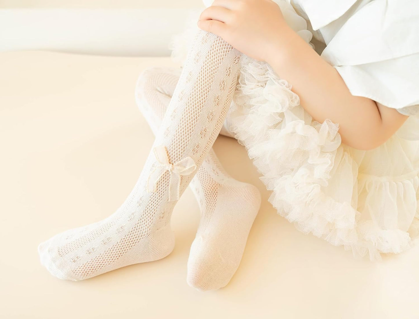 CHUNG Baby Girls Cotton Tights Thin Hollowed Summer with Bowknot Mesh Lace Fashion Toddler Footed Legging Pantyhose