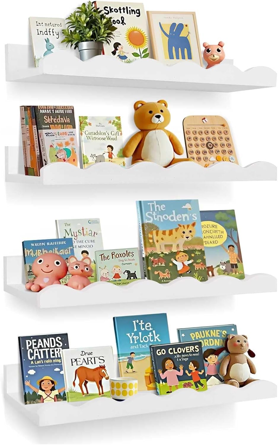 Nursery Book Shelves, 4 Pack White Floating Shelves for Wall, Wood Scalloped Shelves for Storage Books, Wall Book Shelf for Kids Rooms, Bedroom, Toddler Room, Baby Room, Nursery Decor