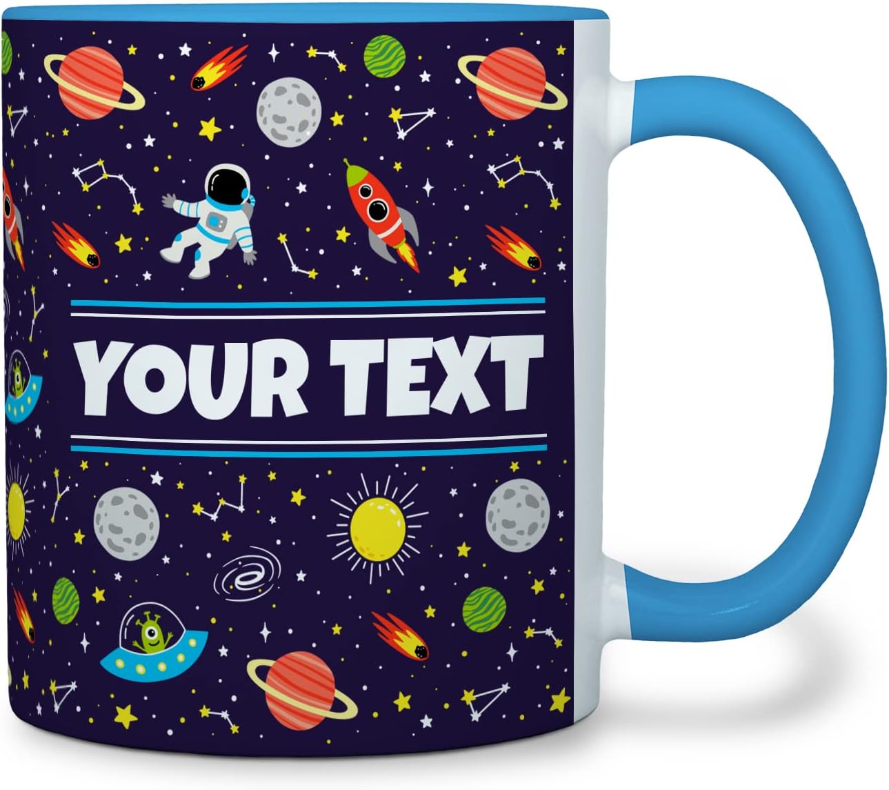 Personalized Mug for Kids - Outer Space - Custom Name/Text, Ceramic Hot Chocolate/Cocoa/Coffee Cup for Boys/Girls, Birthday/Christmas/Holiday Gift - 11 oz, Light Blue Handle