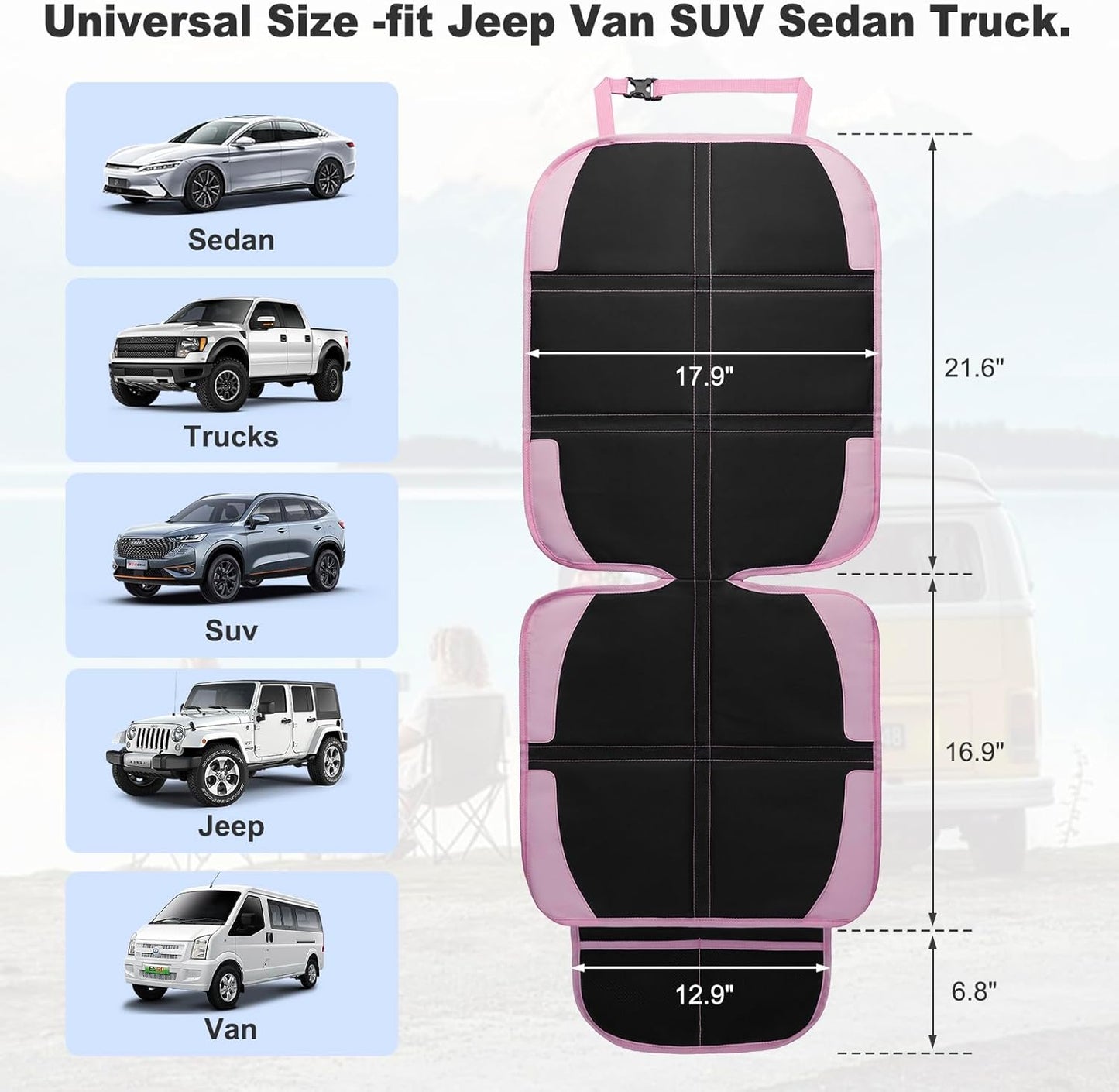 Child Car Seat Protector, 2 Pack with Mesh Pockets & Non-Slip Backing, 600D Durable (Pink, Standard)