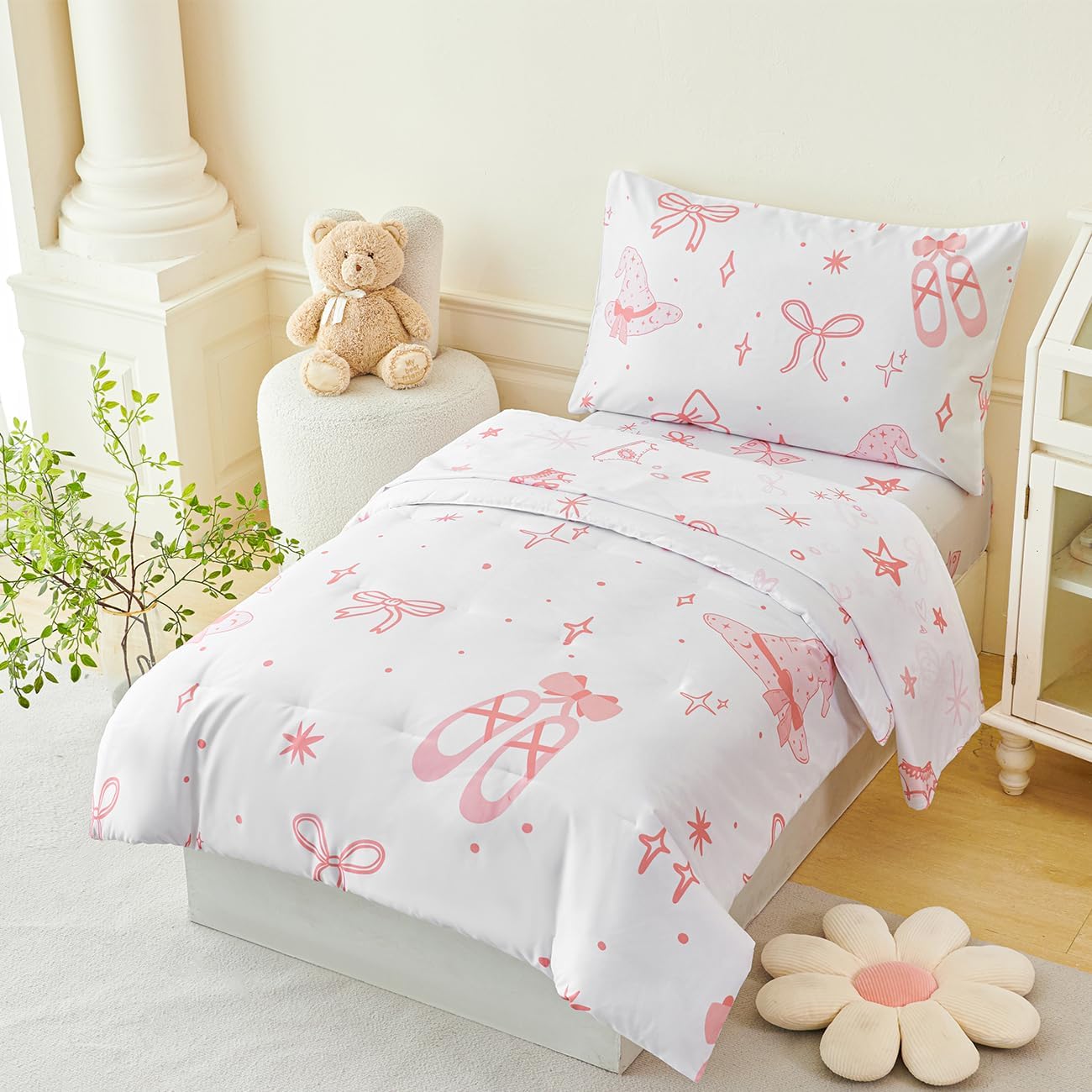 PERFEMET 4 Pieces Bow Comforter for Toddler Girls Reversible Bowknot Pink Toddler Bedding Set Ultra Soft Lightweight Princess Crib Bed Set with Sheets