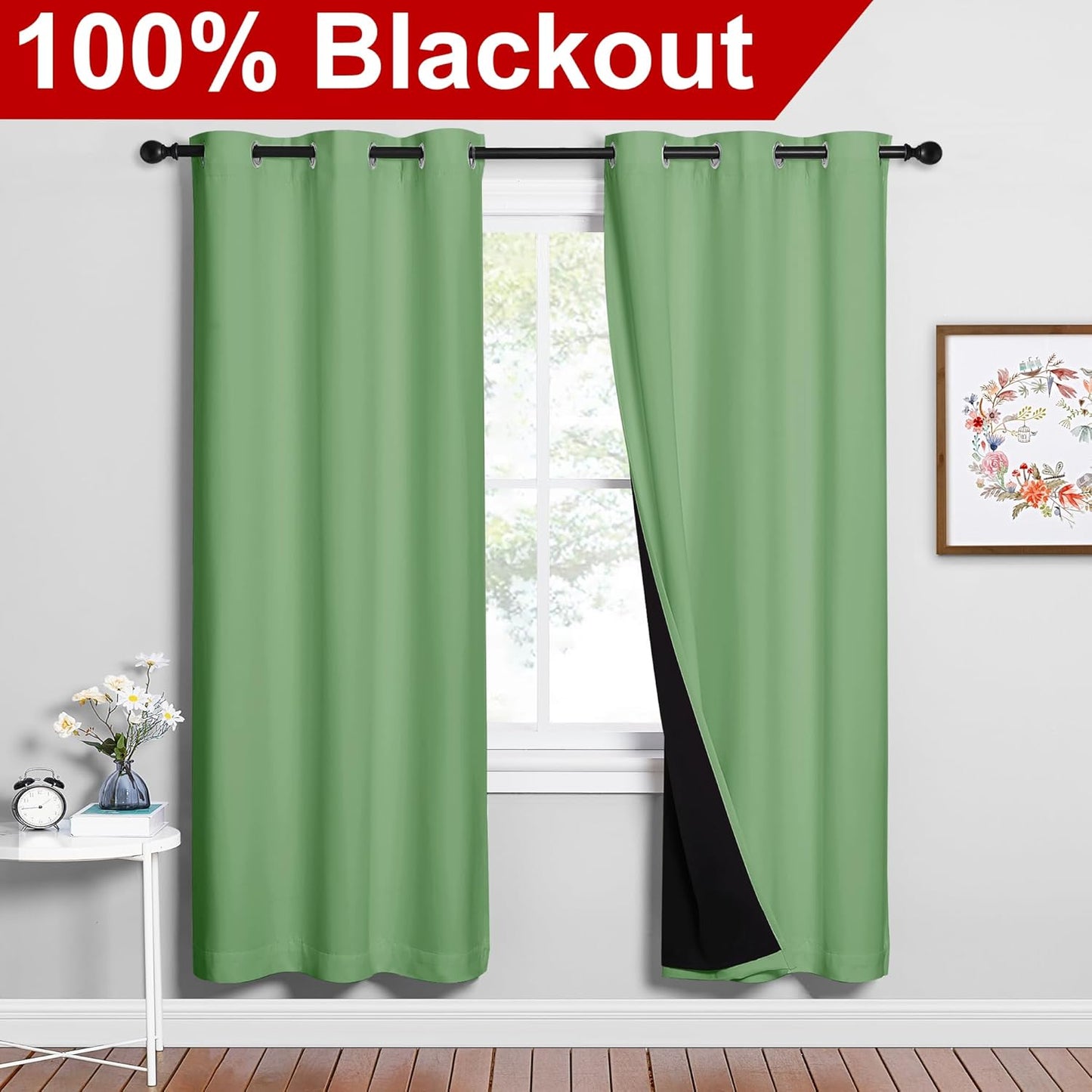 NICETOWN Full Shade Curtain Panels, 37" Wide x 70" Long, Forest Green, Pair of Thermal Insulated & Energy Efficiency Blackout Drapes for Living Room, Lined Silky Performance Window Dressing