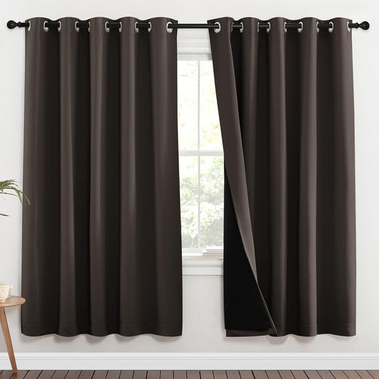 NICETOWN 100% Blackout Window Curtain Panels, Brown, 2 Pieces, 62-inch Wide Per Panel, Full Light Blocking Drapes with Black Liner for Nursery, 72-inch Drop Thermal Insulated Draperies