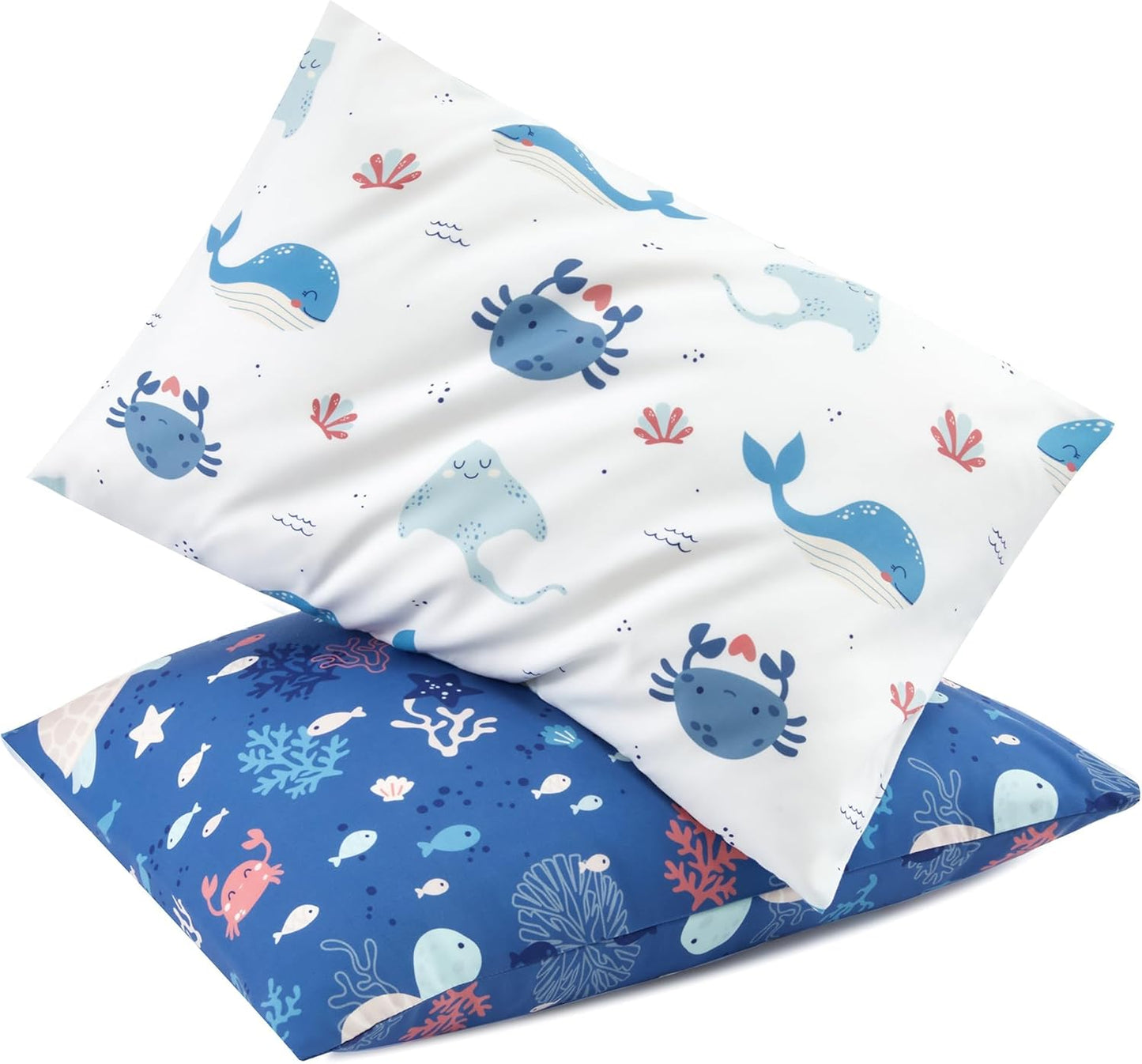 TILLYOU Toddler Pillowcase 2 Pack with Envelope Closure,13" x 18" Silky Soft Microfiber Travel Kids Pillowcase for Boys and Girls, Beach Time Turtle&Manta Ray