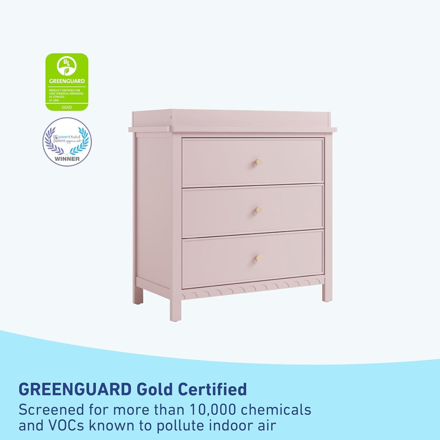 Graco Sasha 3-Drawer Chest with Changing Table Topper (Blush) – GREENGUARD Gold Certified, Nursery Bedroom Chest with Spacious Storage, Interlocking Drawer System, Pre-Installed Tracks