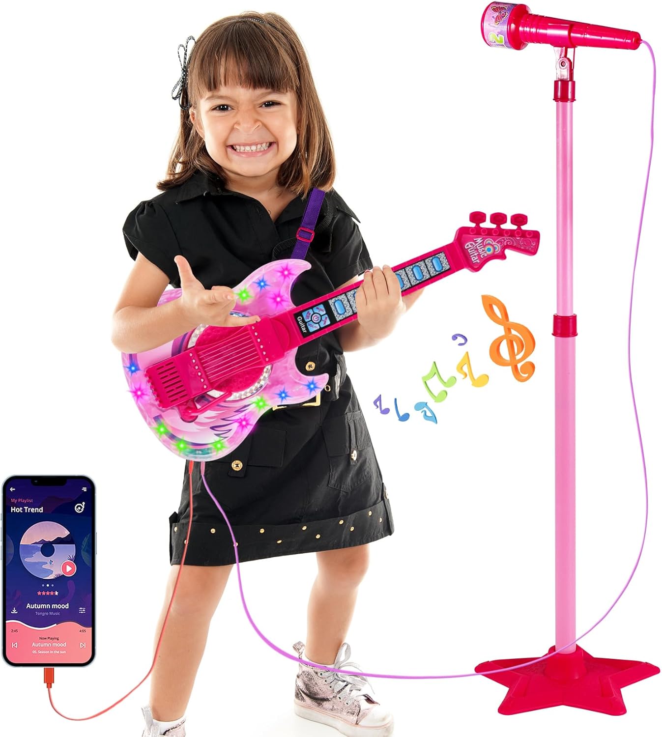 Guitar and Microphone Play Set for Girls,Karaoke Machine with Music&Light,Microphone Toys with Stand,Adjustable Height Guitar Toys for Kids,Toddlers,Child(Red)