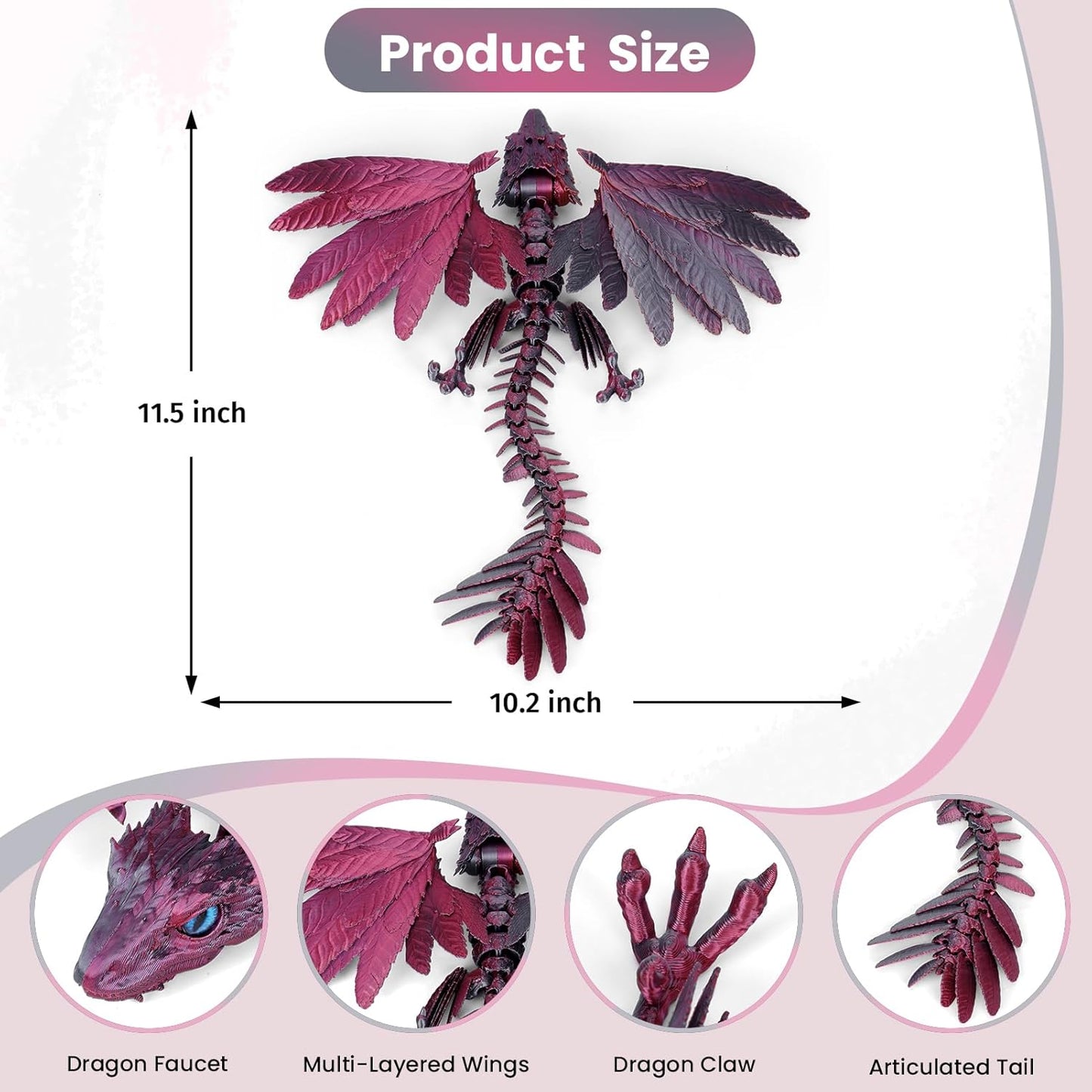 3D Printed Dragon with Wings,3D Printed Animals Toy,Crystal Dragon Fidget Toys,Full Articulated Dragon Crystal Dragon,Adults Fidget Toys for Autism ADHD,Home Office Decor (Red Black)