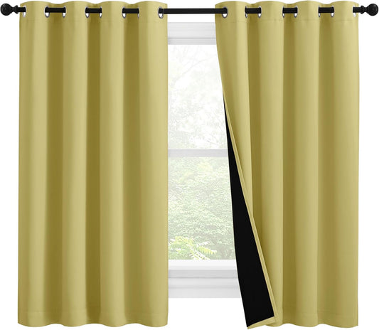 NICETOWN 100% Blackout Curtains with Black Liners, Thermal Insulated Full Blackout 2-Layer Lined Drapes, Noise Cancellation Window Draperies for Dining Room (Paler Yellow, 2 Panels, 55" W by 57" L)
