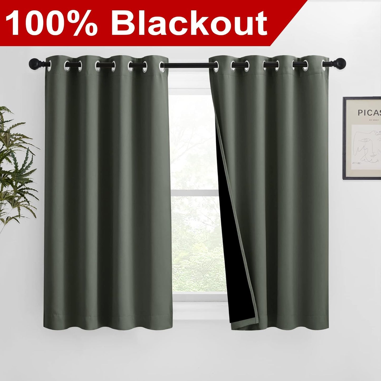 NICETOWN 100% Blackout Curtains 54 inches Long, Double-Deck Completely Blackout Window Treatment Thermal Insulated Lined Drapes for Small Window (Dark Mallard, 1 Pair, 46 inches Width Each Panel)