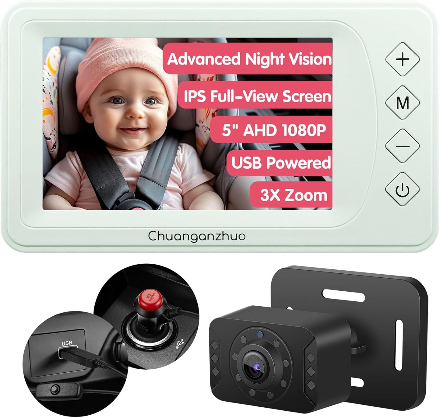 Baby Car Camera with Advanced Crystal-Clear Night Vision, 3X Zoom, USB Powered, 5'' AHD 1080P IPS Car Baby Monitor, Backseat Camera for Kids Infants Rear Facing Mirror, 5inch, Green