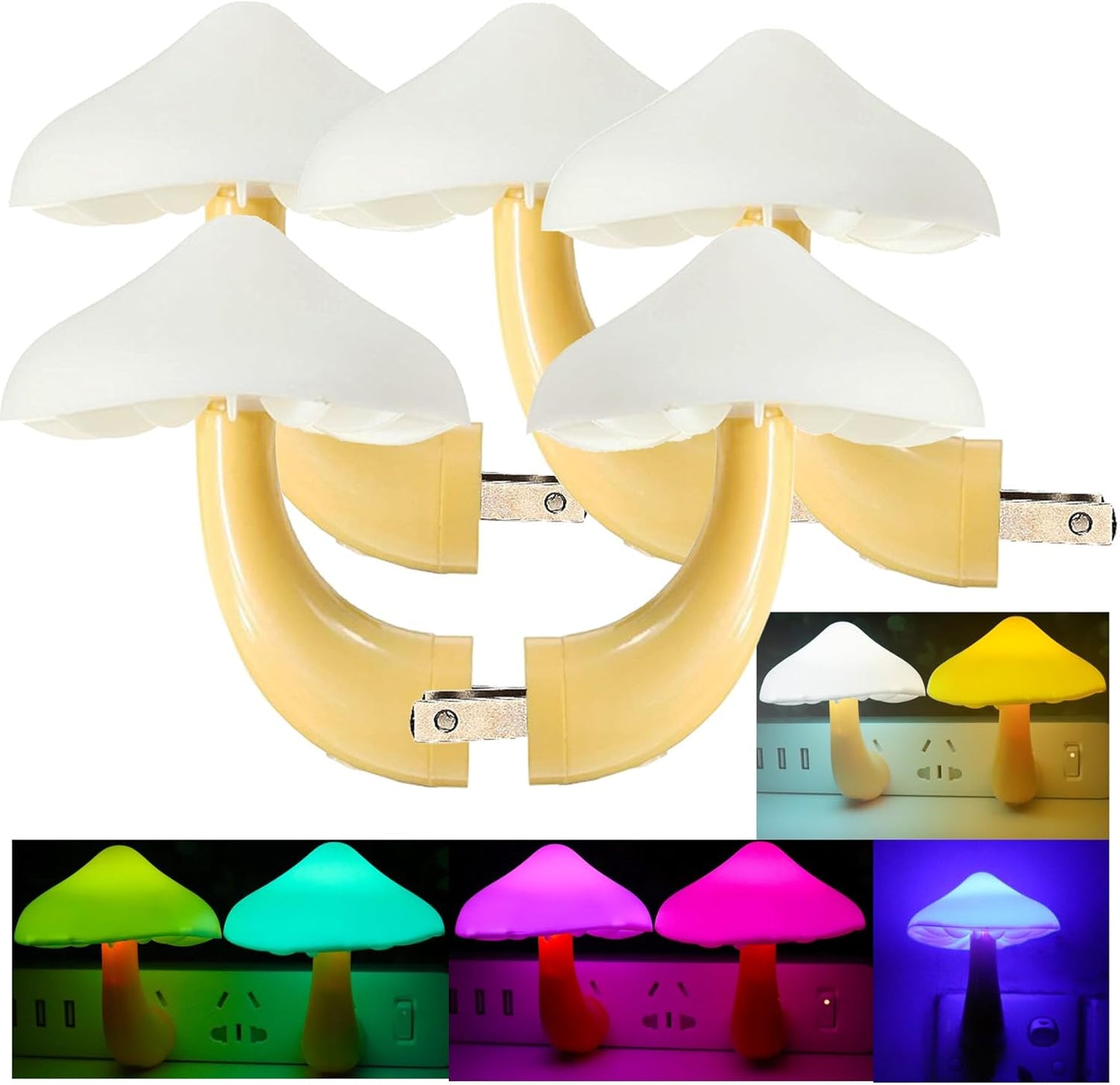 AUSAYE 5Pack Sensor LED Night Light Plug in Lamp 7 Color Changing Mushroom Light Cute Night Lights for Adults Kids NightLight Bedroom,Bathroom,Toilet,Hallway,Stairs,Kitchen,Basement