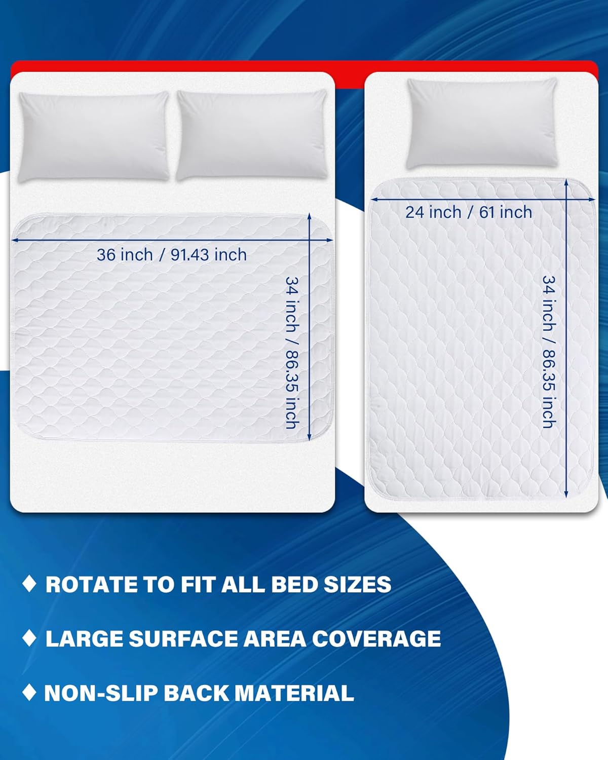 Washable Waterproof Incontinence Bed Pads - 24 x 34 Inch Reusable Underpad Sheet for Chair, Sofa and Mattress Protectors Pack of 3