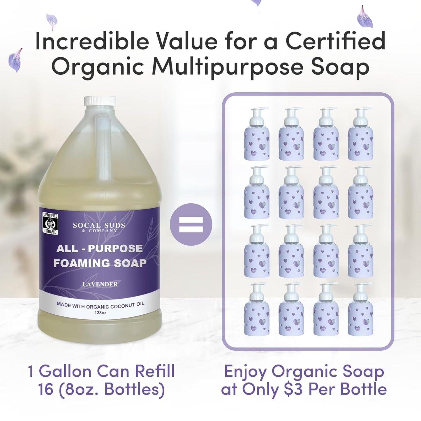 SoCal Suds & Company 128oz Certified Organic Foaming Hand & Body Wash - Gentle Natural Body,Baby & Face Wash for Sensitive Skin, Moisturizing Soap, Hand Soap and More - Lavender